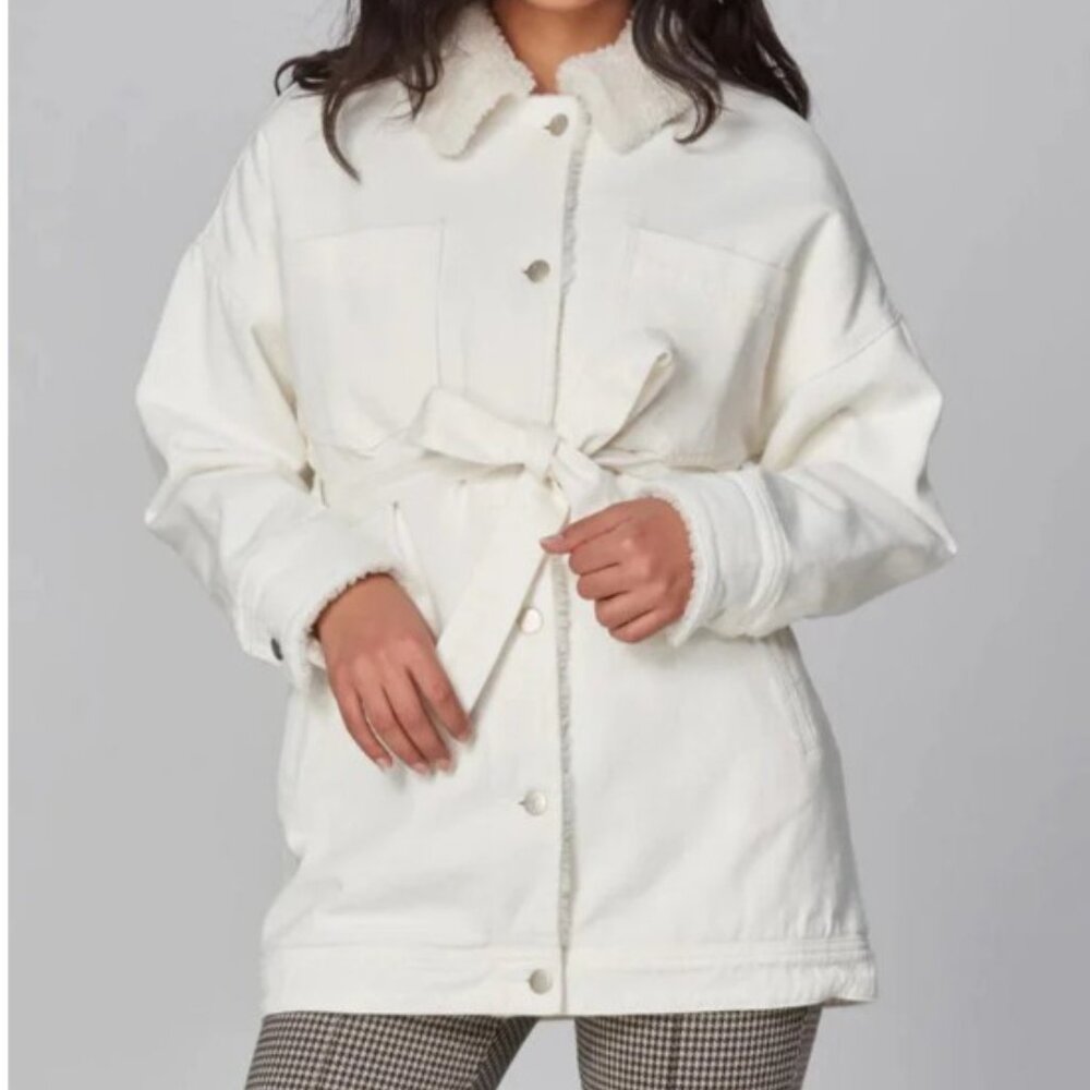 Lola Jeans Hayden Faux Shearling Lined long denim jacket